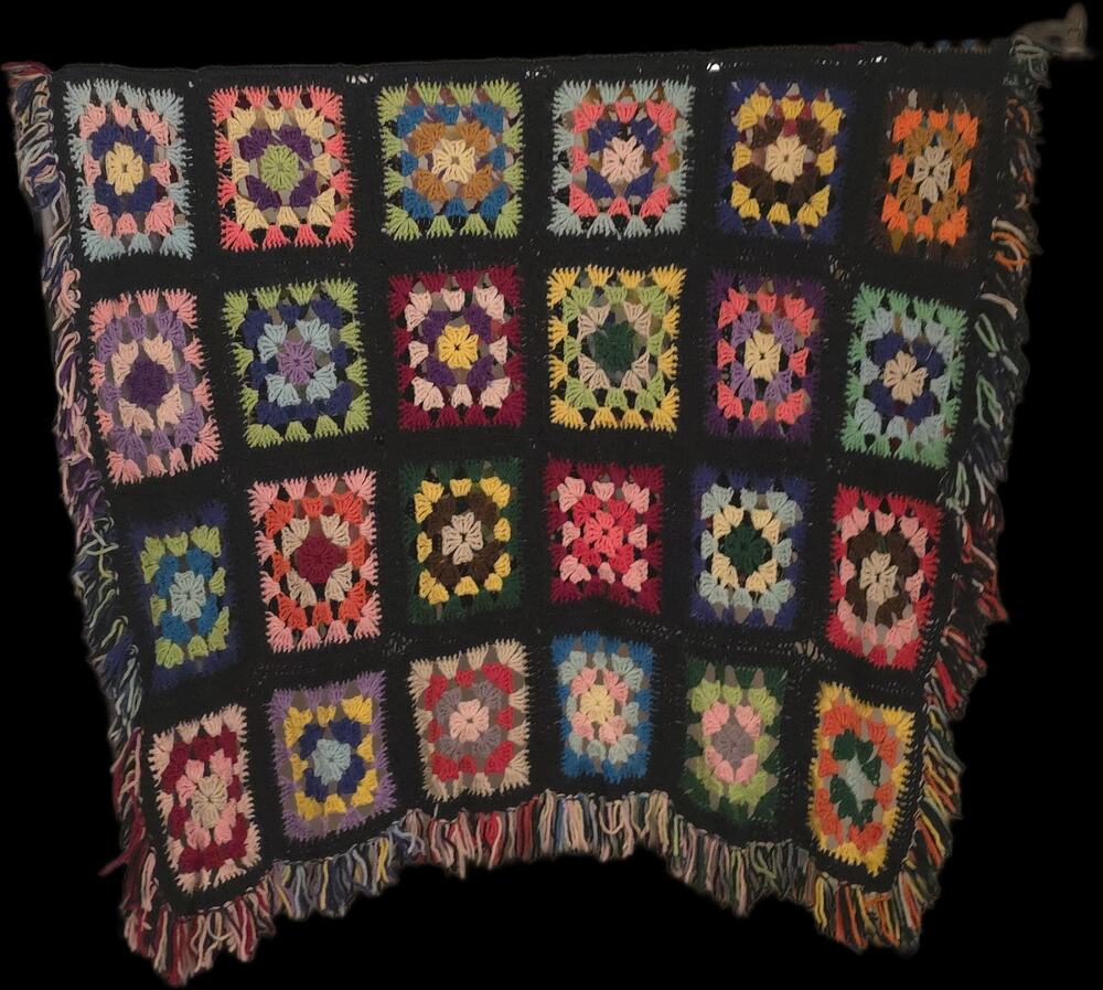 Crocheted Afghan Granny Square Throw Blanket Boho 100”X 60 Handmade Vintage